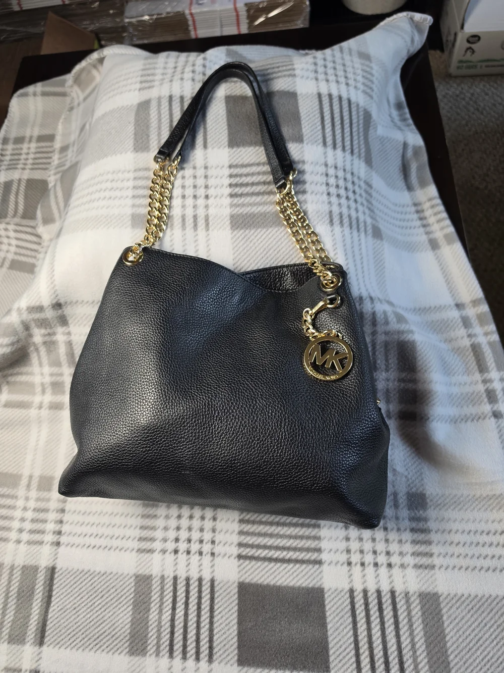 Michael Kors Black Pebbled Leather Shoulder Bag with Gold Accents